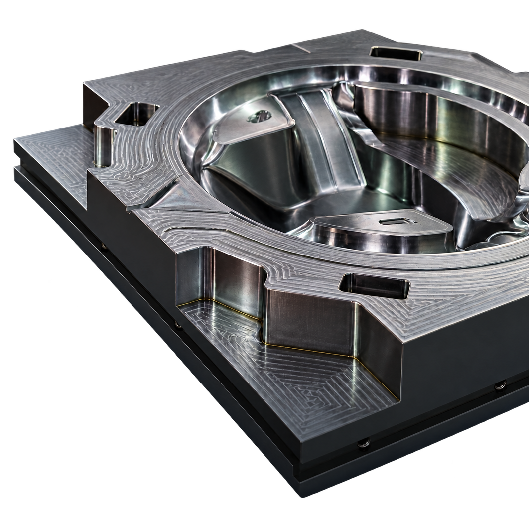 Machined metal mold cavity with detailed pockets and contoured surfaces