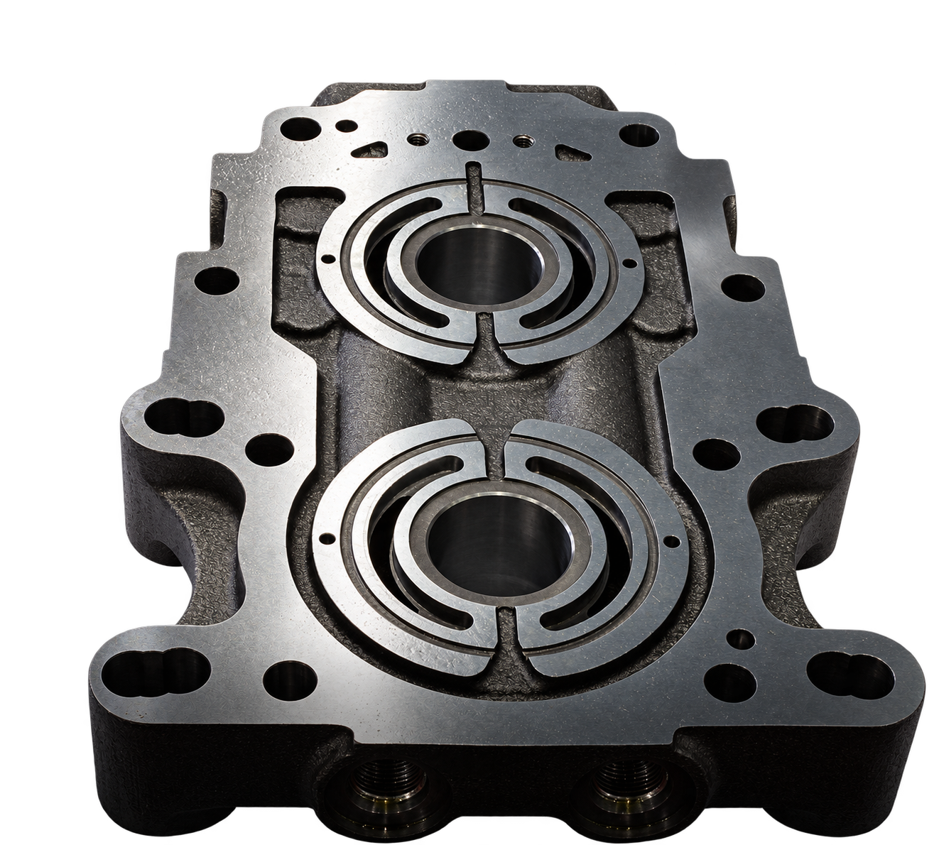 Pump casting with two circular openings and machined mounting surfaces