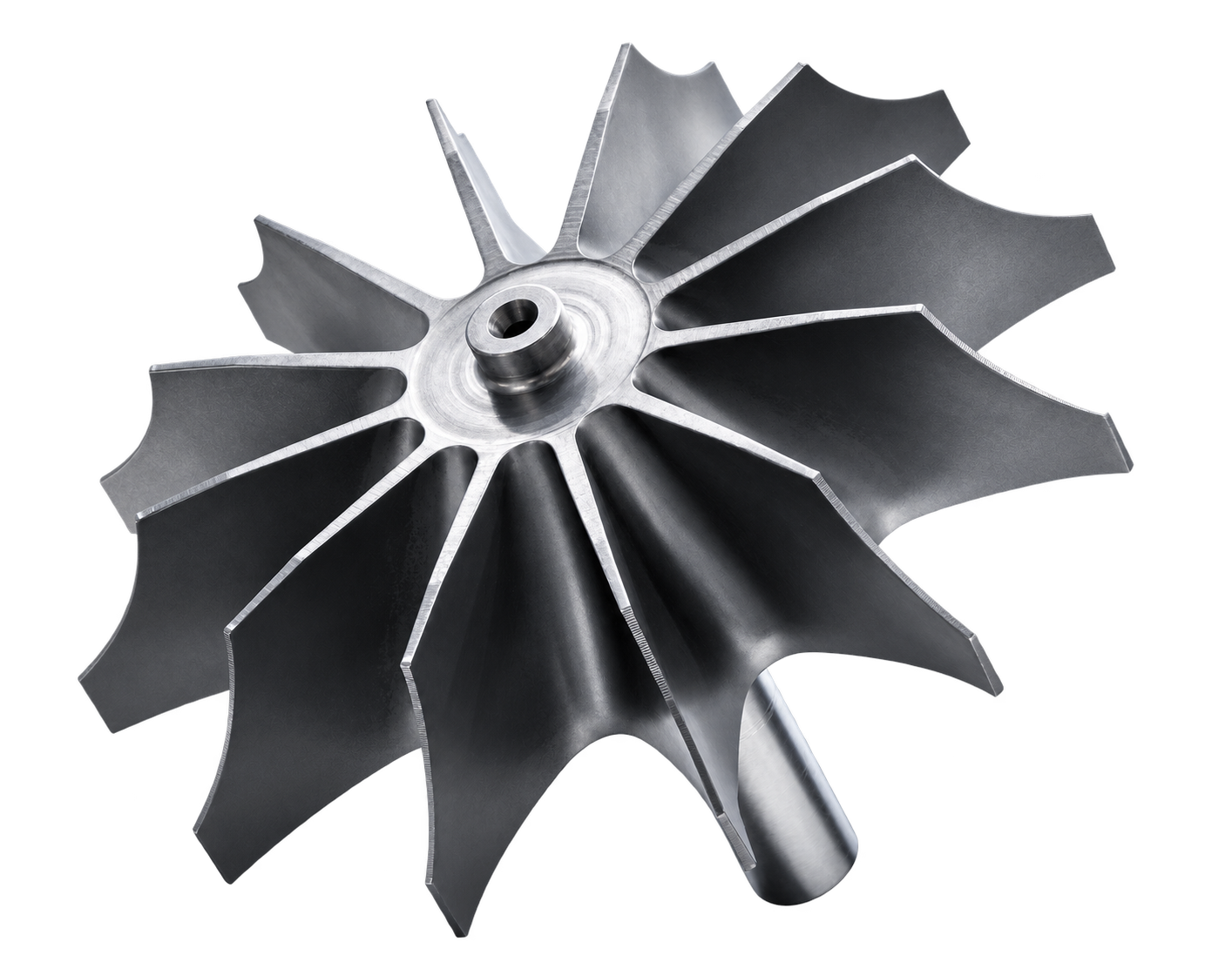 Metal turbine impeller with curved blades and an attached shaft