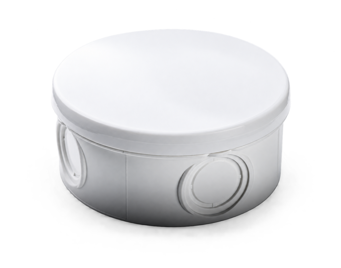 White cylindrical polymer junction box with a lid and side knockouts